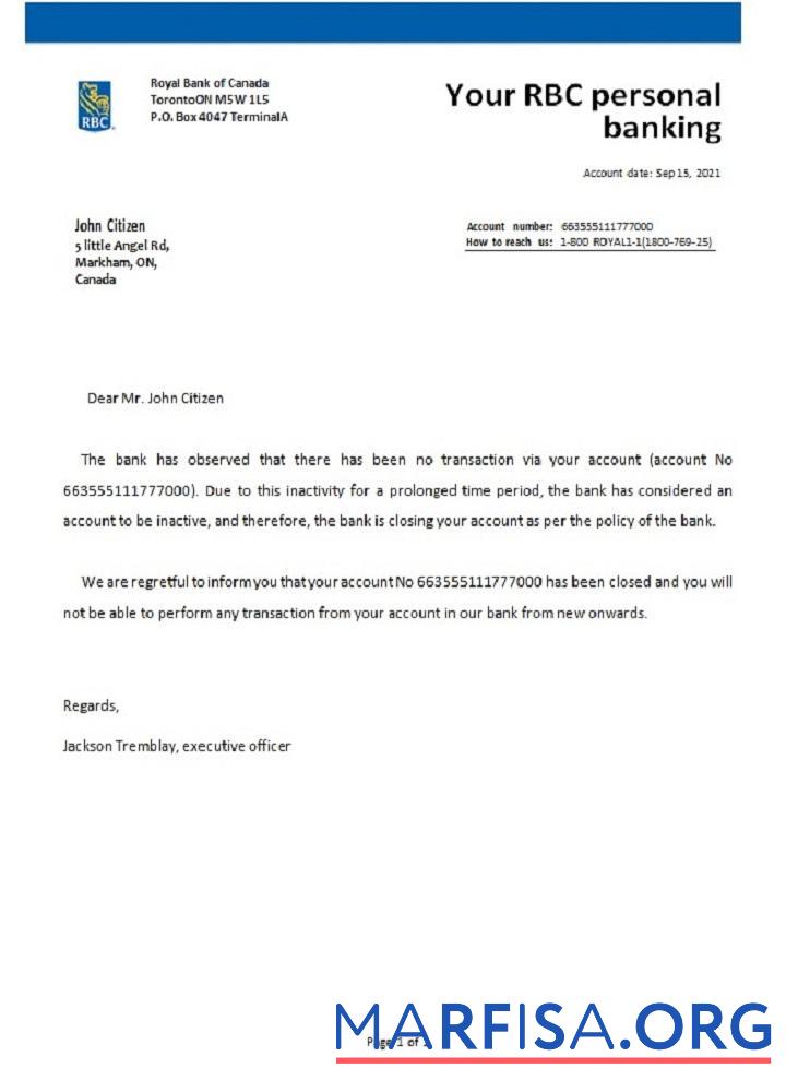 Printable Canada RBC closure reference real example